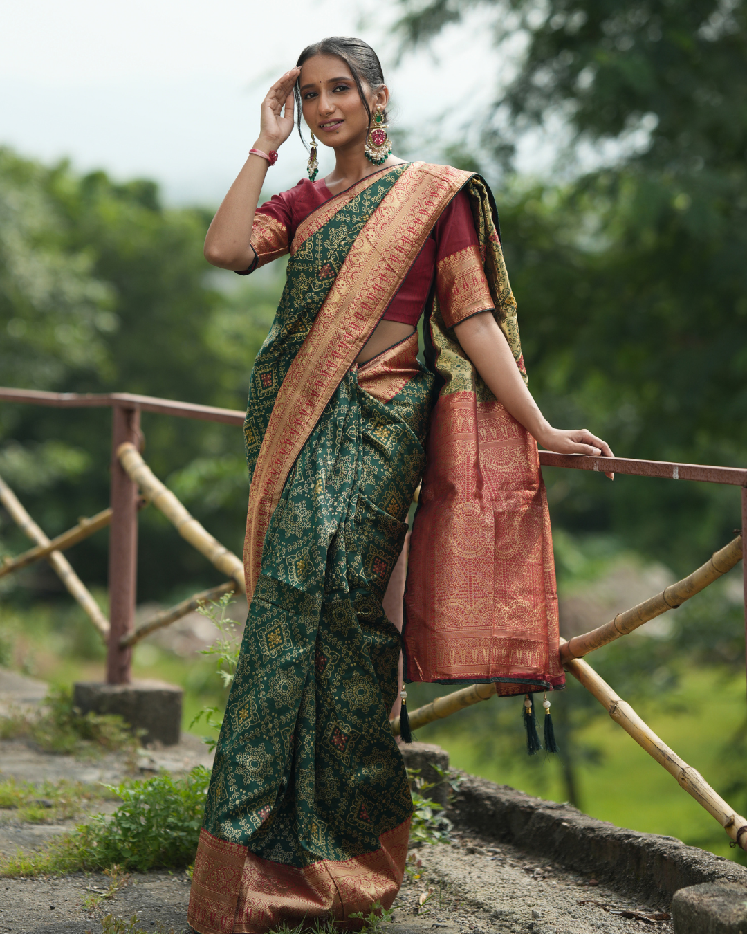 Bottle Green Contrast Maroon Border Silk Saree