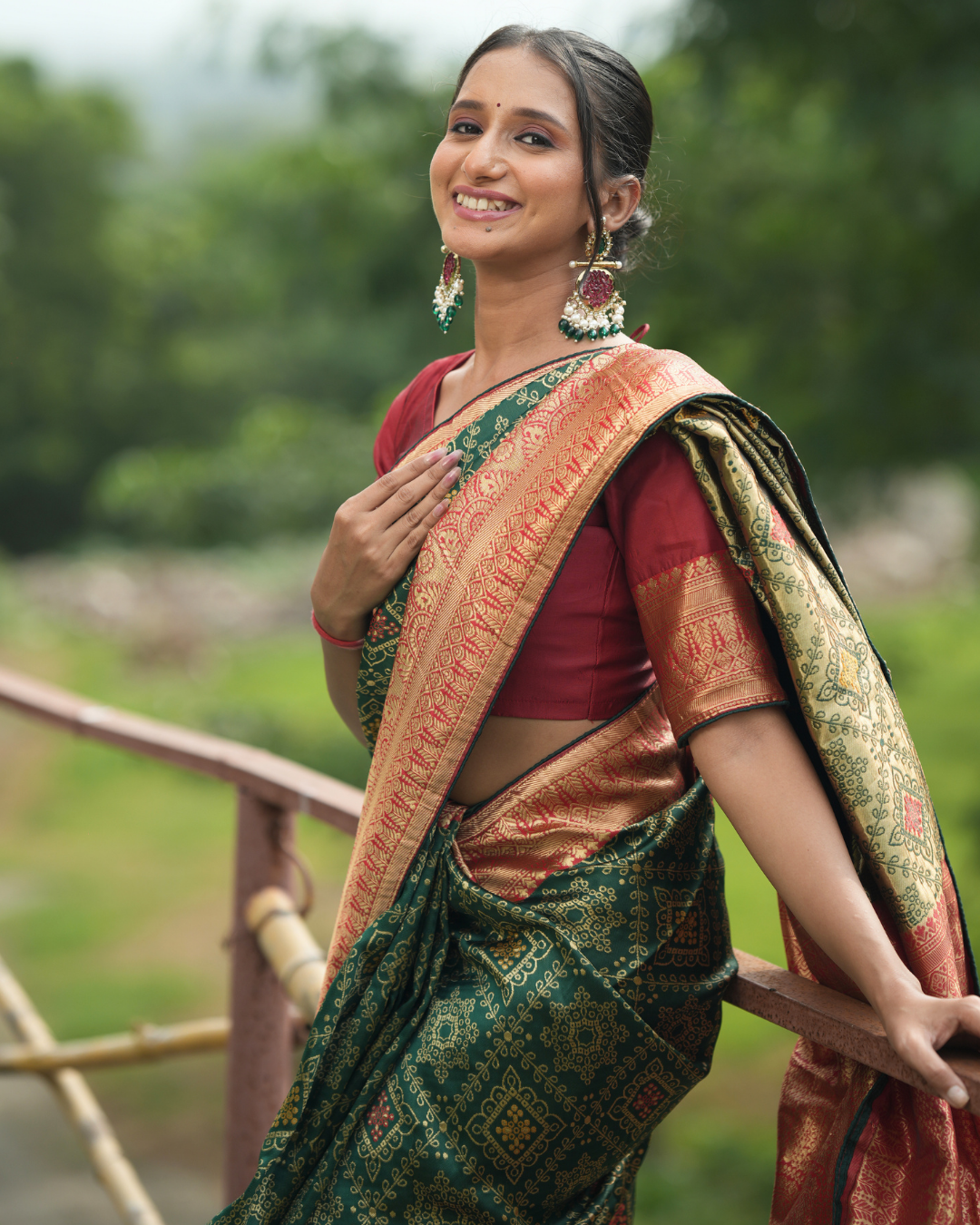 Bottle Green Contrast Maroon Border Silk Saree