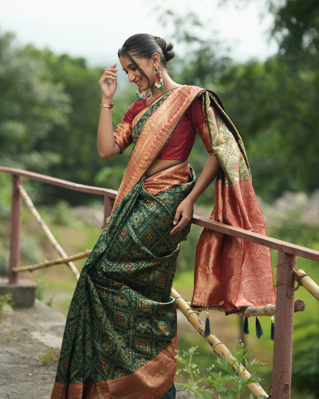 Bottle Green Contrast Maroon Border Silk Saree