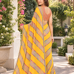 Canary Yellow Chevron Leheriya Scallop Saree