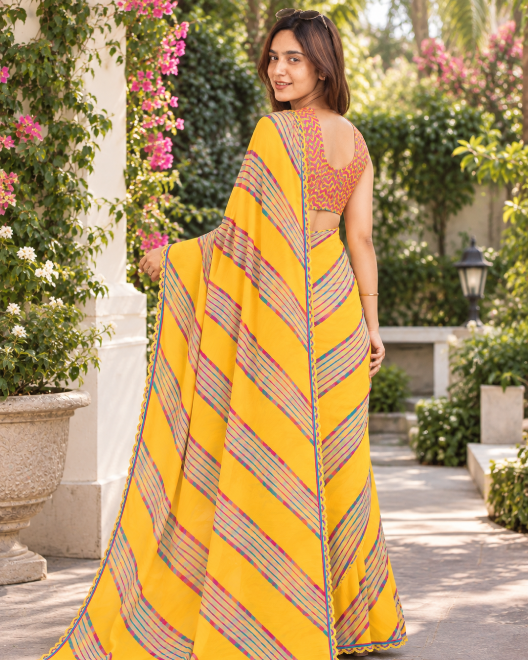 Canary Yellow Chevron Leheriya Scallop Saree