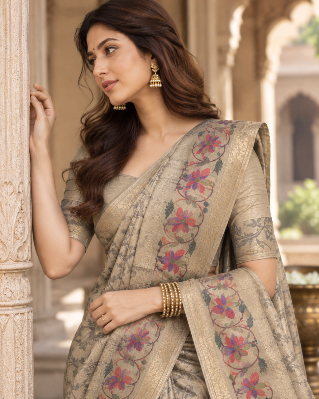 Silver Champagne Floral Vine Brocade Premium Silk Saree