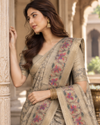 Silver Champagne Floral Vine Brocade Premium Silk Saree