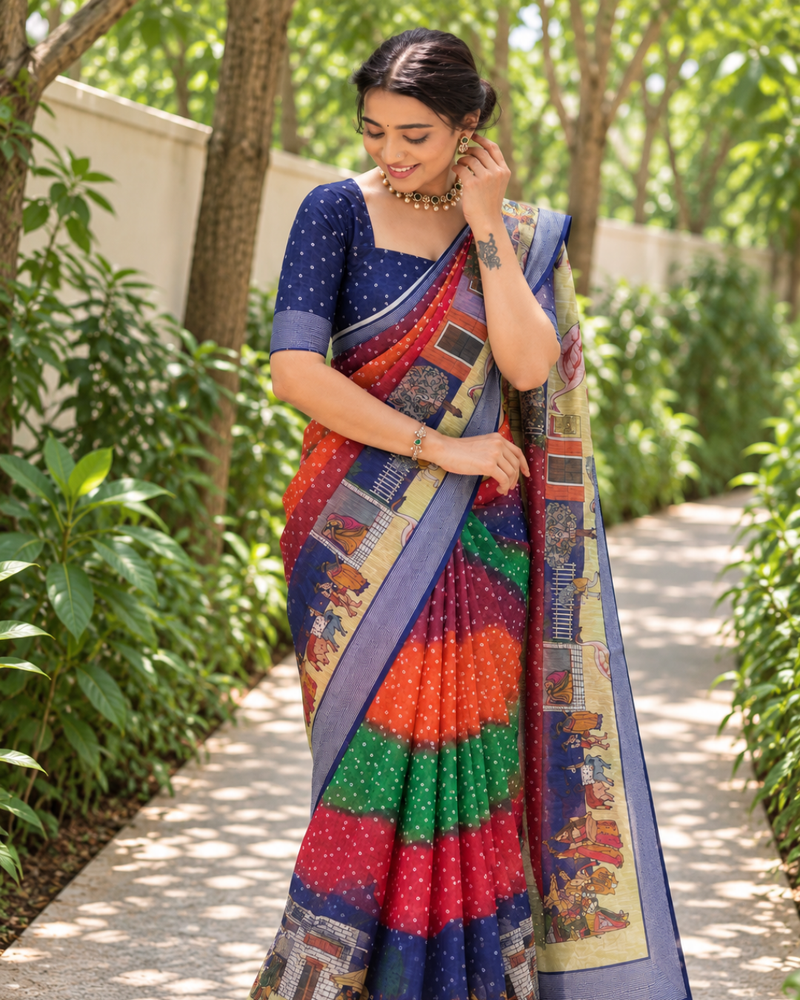 Multi-Band Bandhani Procession Chanderi Saree