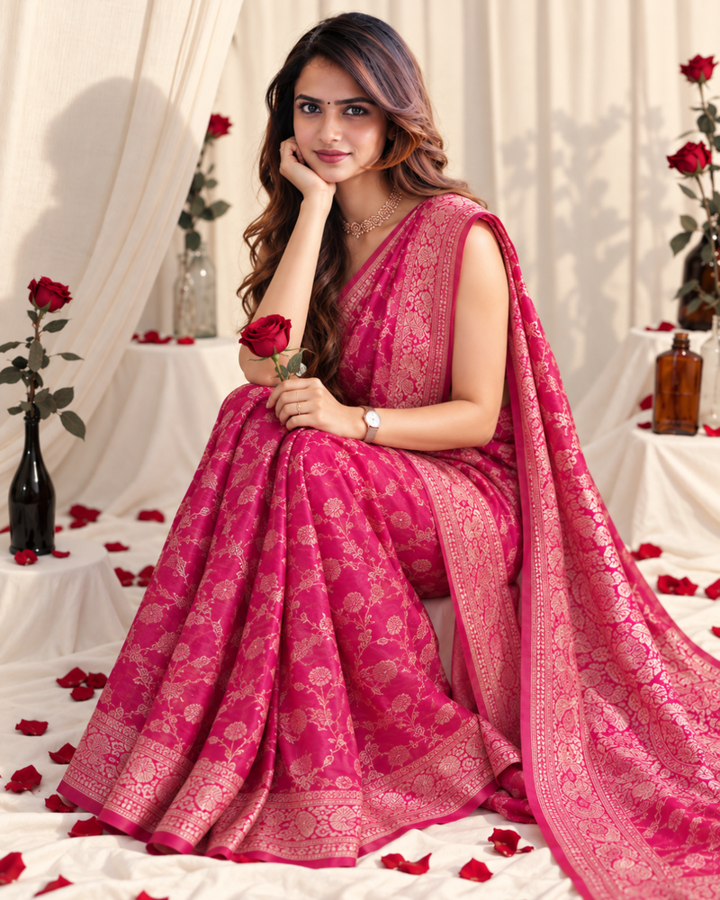 Magenta Silver Floral Jaal Banarasi Silk Saree