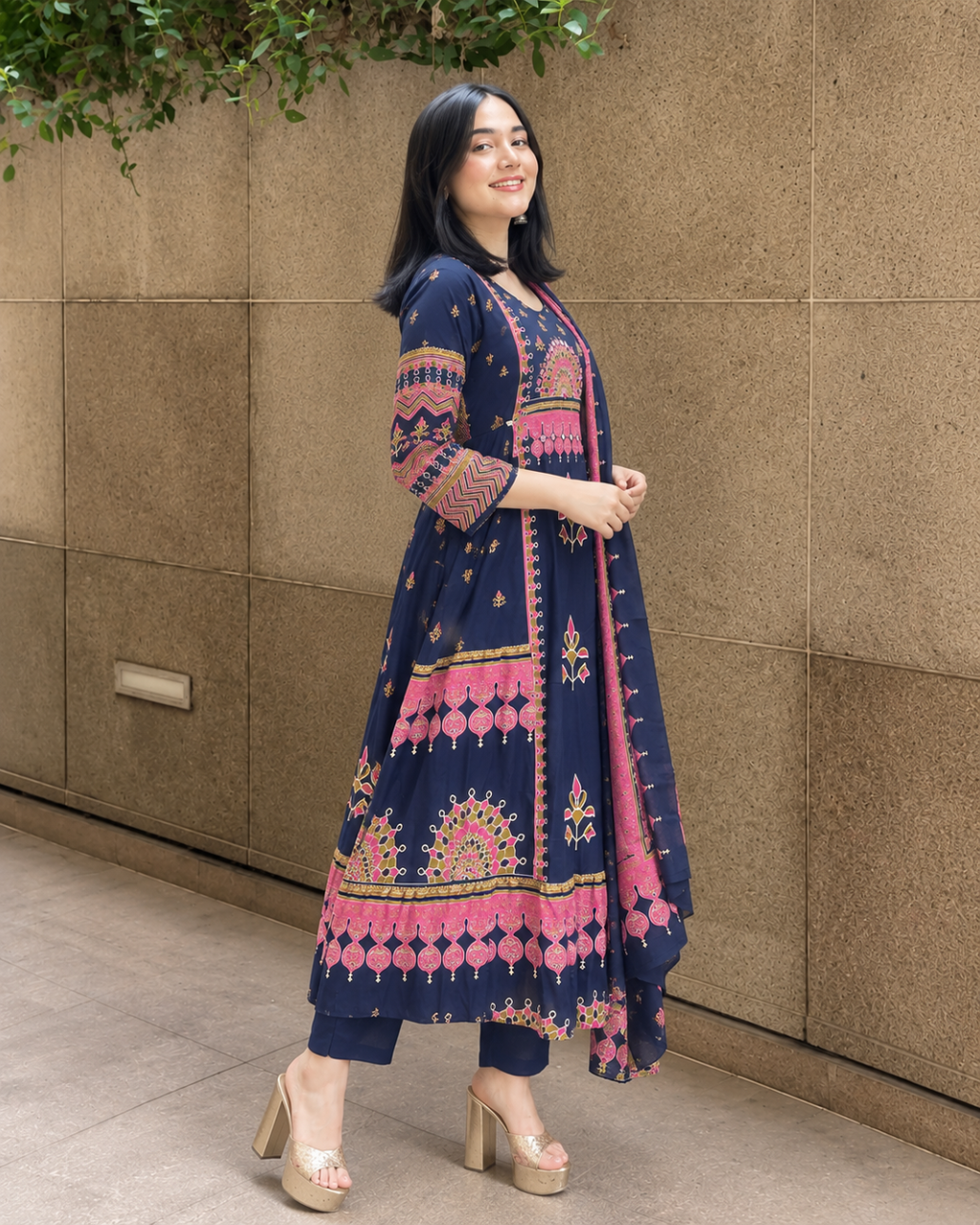 Navy Blue Festive Mandala Kurti Set