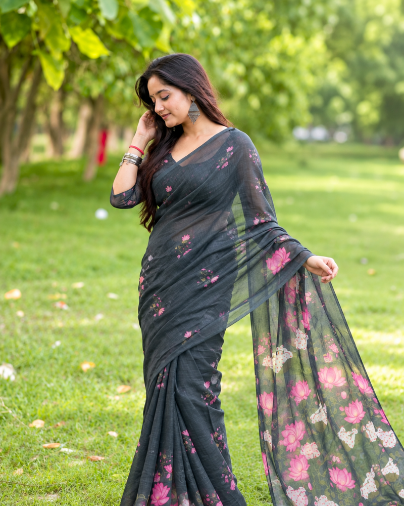 Charcoal Grey Pichwai Lotus Garden Linen Saree