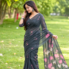 Charcoal Grey Pichwai Lotus Garden Linen Saree