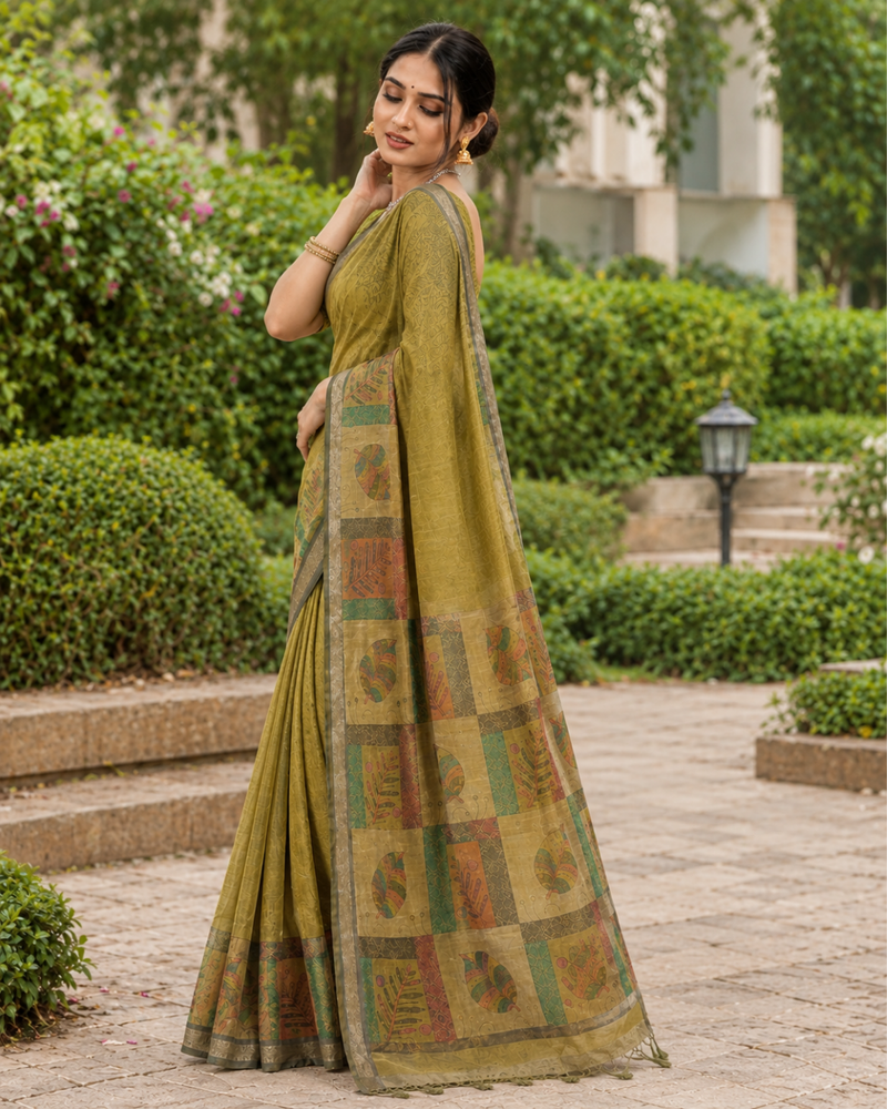 Olive Moss Green Folk Botanical Tile Premium Silk Saree