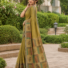 Olive Moss Green Folk Botanical Tile Premium Silk Saree