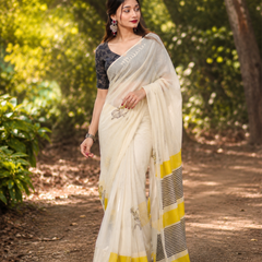 Ivory Yellow Chanderi Designer Saree