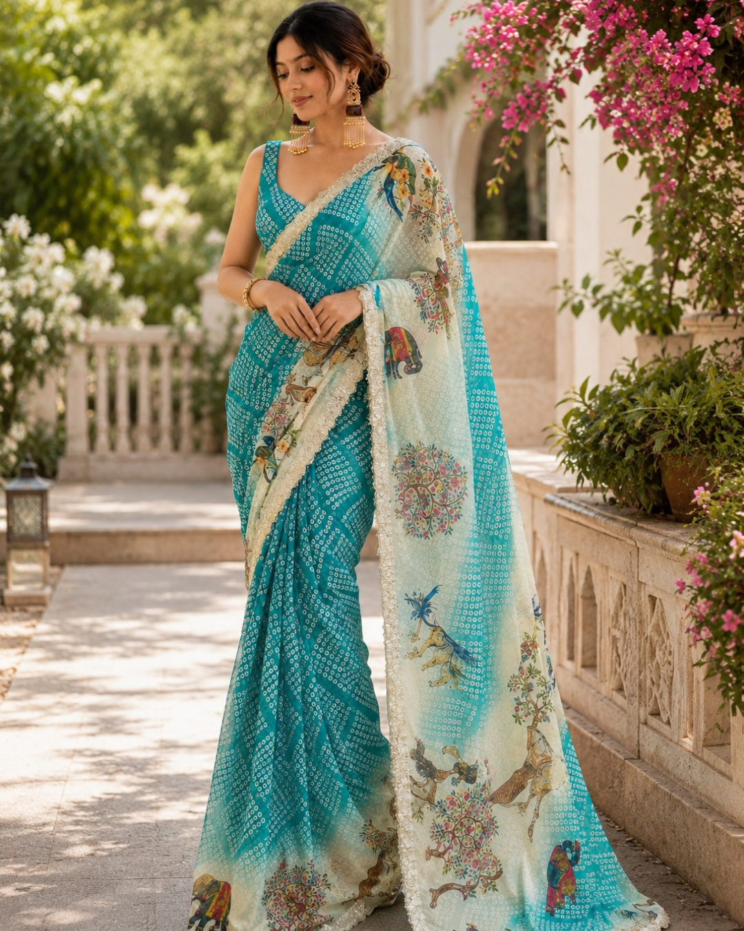 Turquoise Blue Bandhani Kalamkari Fandy Silk Saree
