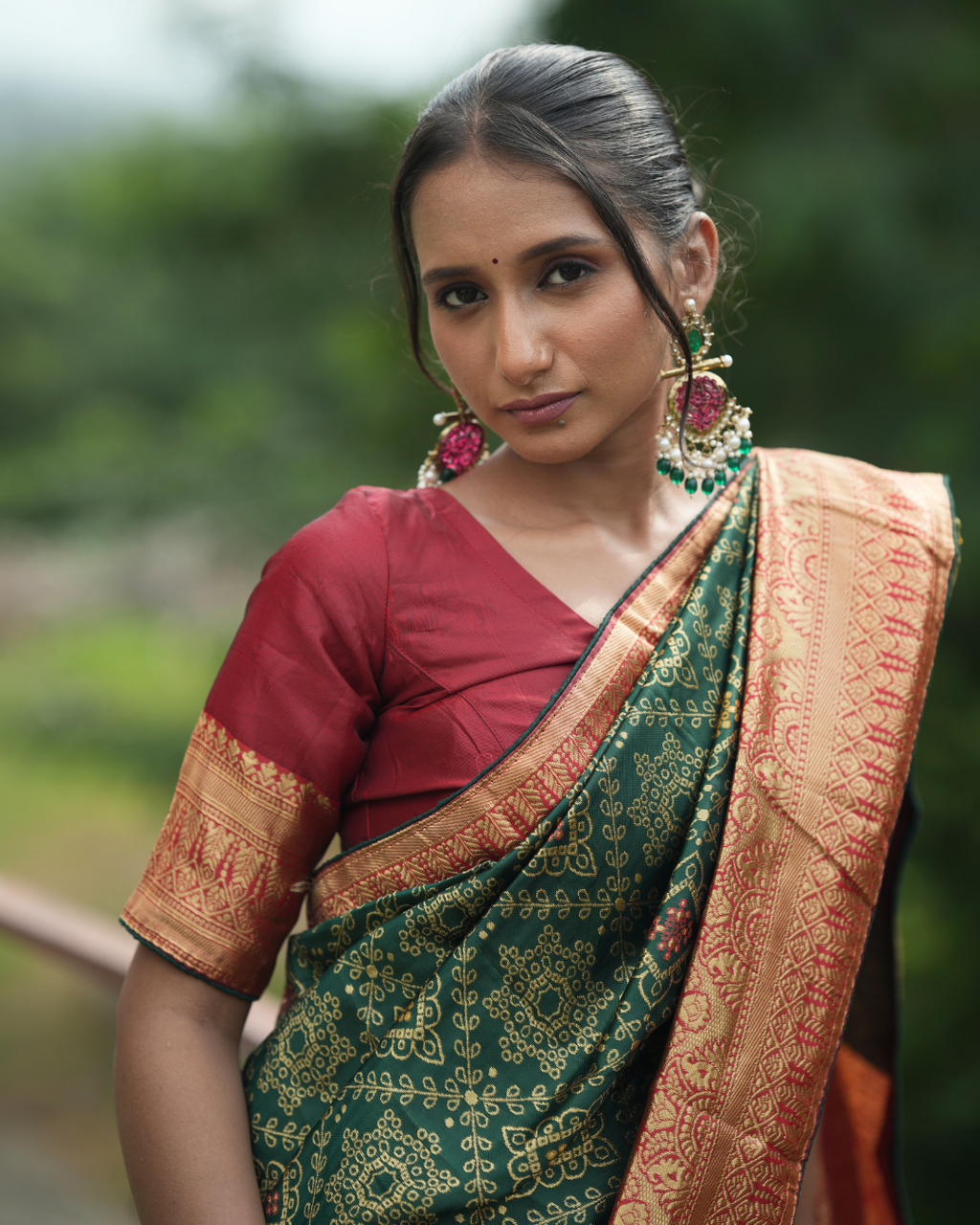 Bottle Green Contrast Maroon Border Silk Saree