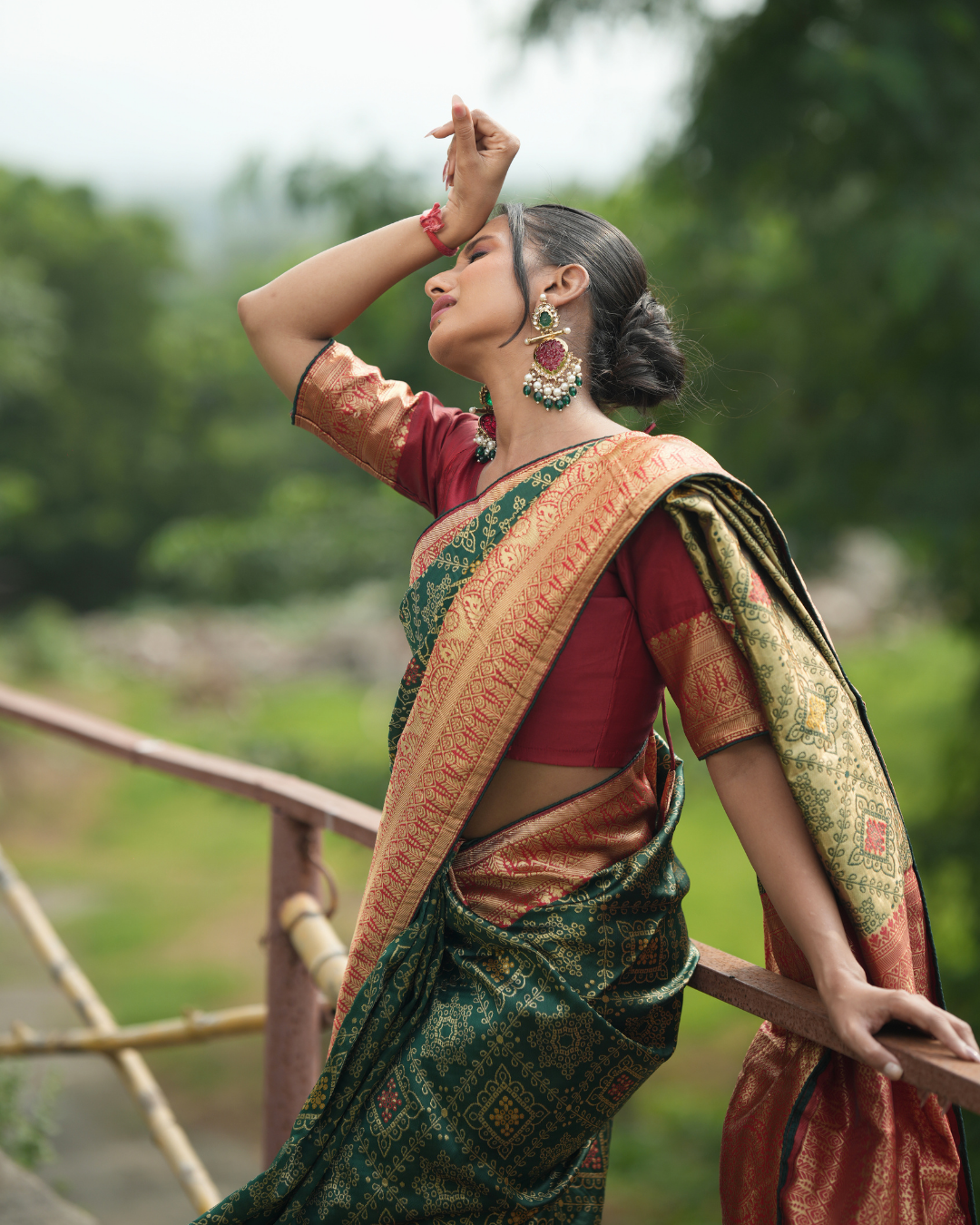Bottle Green Contrast Maroon Border Silk Saree