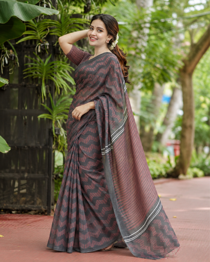 Charcoal Black & Maroon Herringbone Zigzag Linen Saree