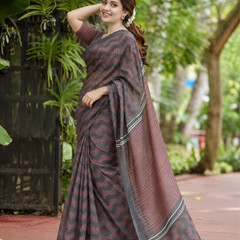 Charcoal Black & Maroon Herringbone Zigzag Linen Saree