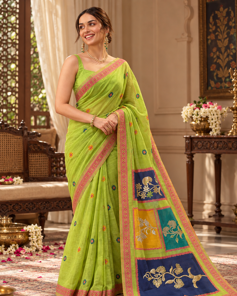 Parrot Green Color-Block Jamdani Cotton Saree