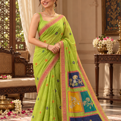 Parrot Green Color-Block Jamdani Cotton Saree