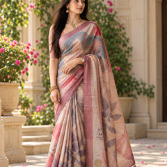 Dusty Rose & Slate Abstract Contour Premium Silk Saree