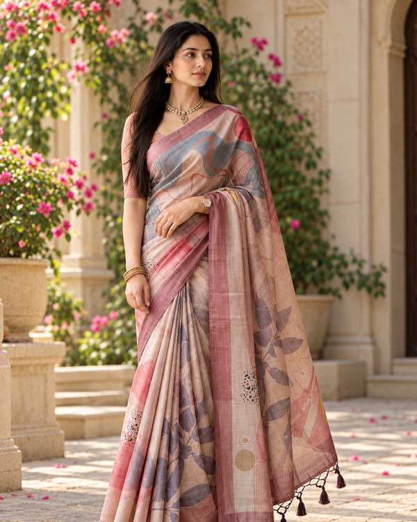 Dusty Rose & Slate Abstract Contour Premium Silk Saree