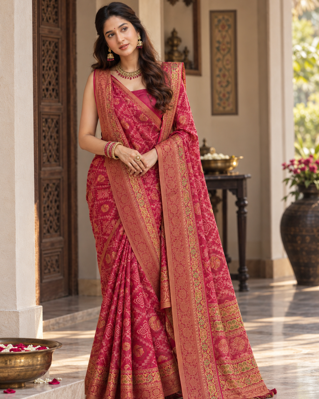 Rani Pink Royal Bandhani Brocade Premium Silk Saree