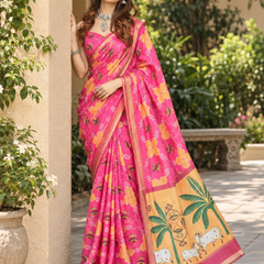 Rani Pink Pichwai Cow Gold Chanderi Saree