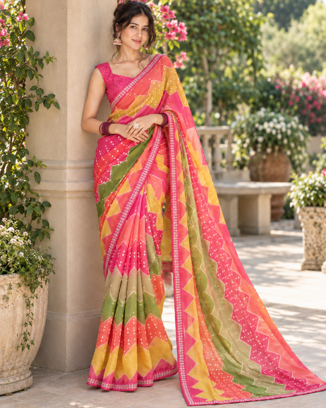 Multicolor Bandhani Zigzag Chevron Saree