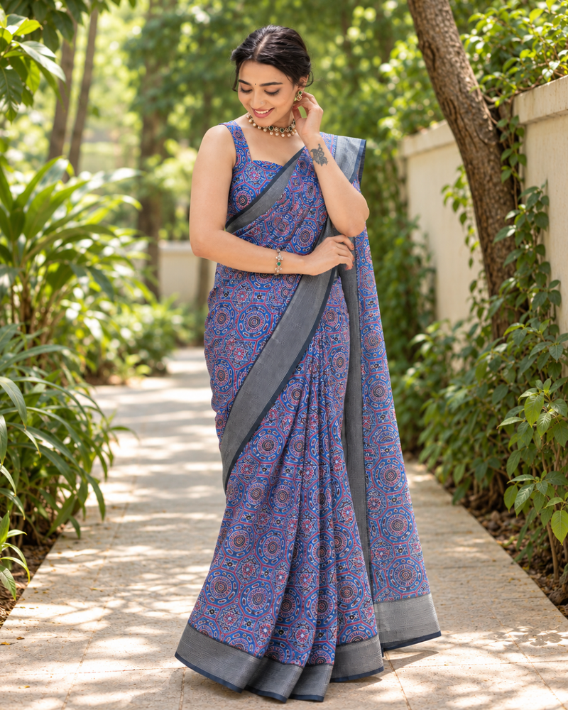 Indigo Mandala Tile Print Chanderi Saree