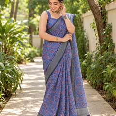 Indigo Mandala Tile Print Chanderi Saree