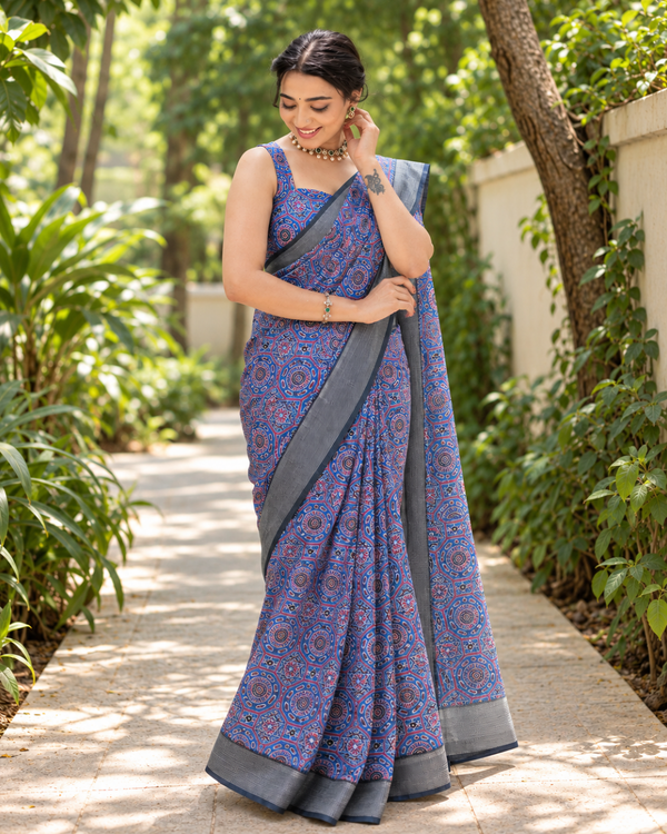 Indigo Mandala Tile Print Chanderi Saree