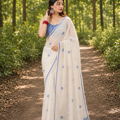 Ivory Blue Floral Chanderi Saree