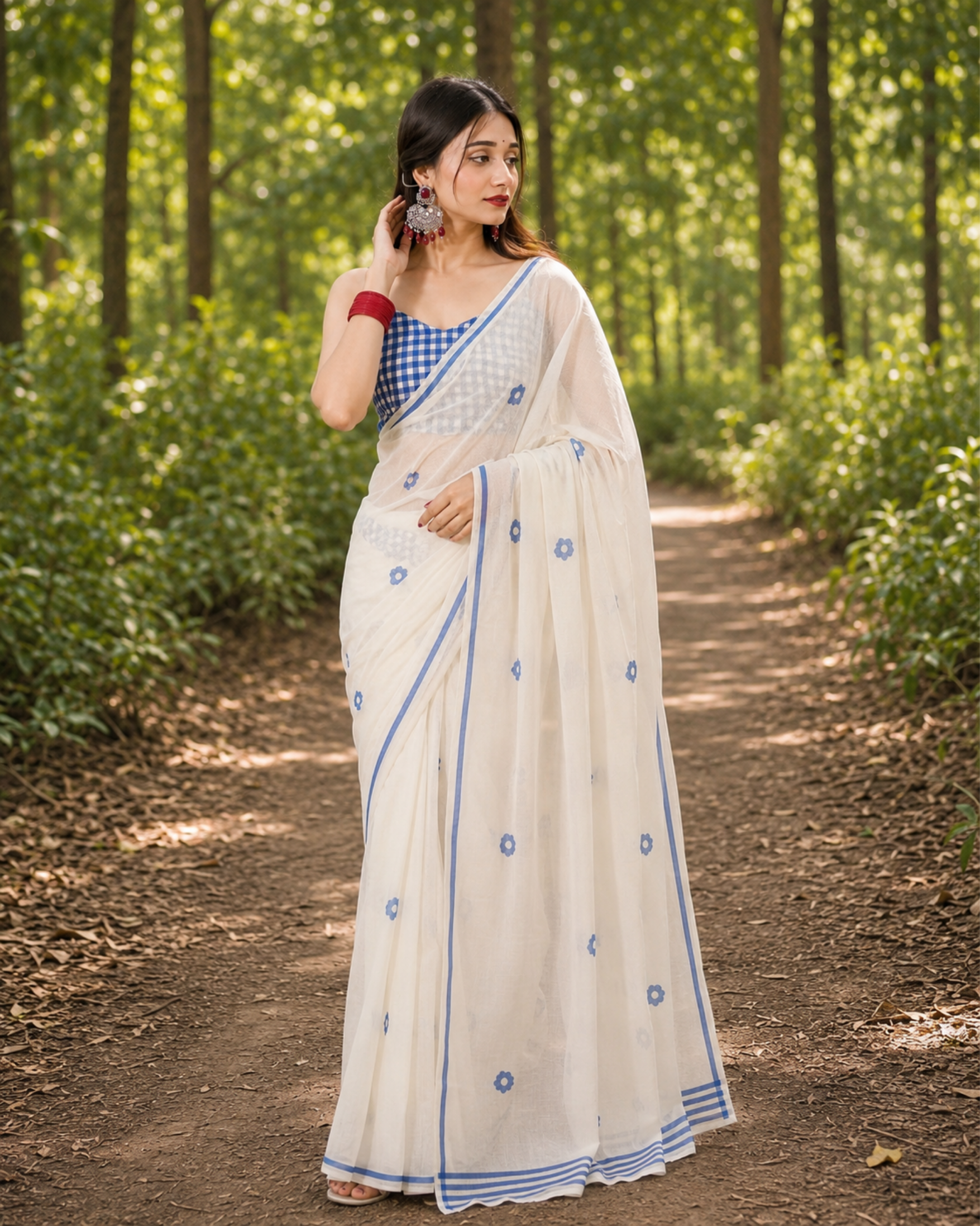 Ivory Blue Floral Chanderi Saree