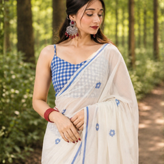 Ivory Blue Floral Chanderi Saree