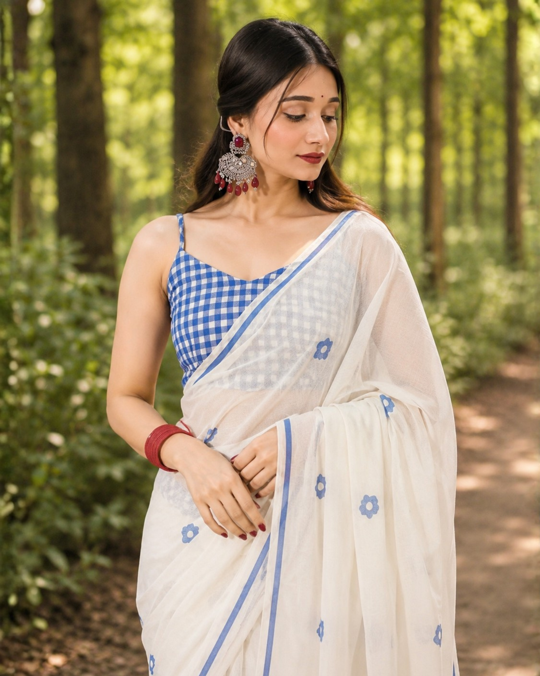Ivory Blue Floral Chanderi Saree