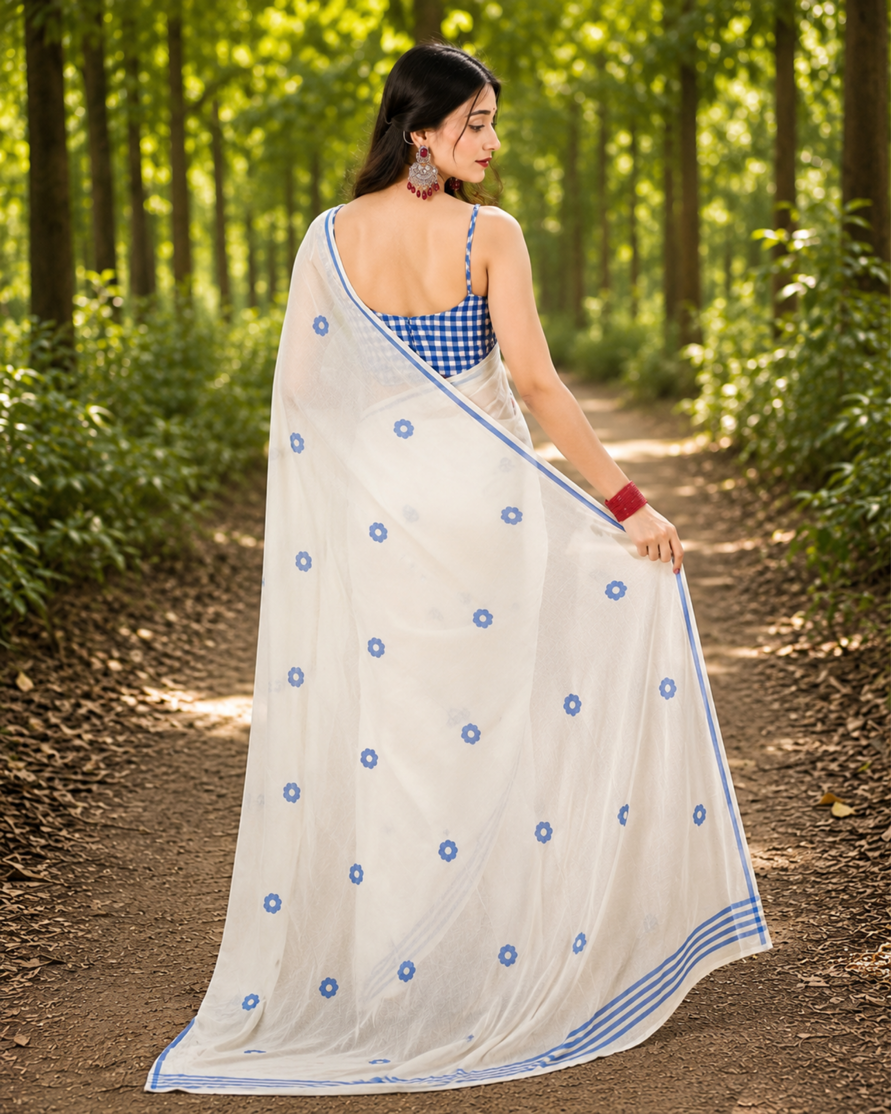 Ivory Blue Floral Chanderi Saree