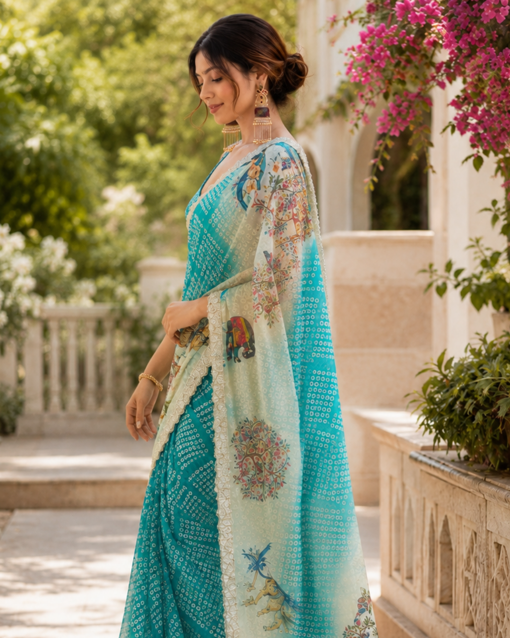 Turquoise Blue Bandhani Kalamkari Fandy Silk Saree