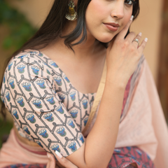Peach Floral Block Printed Linen Saree