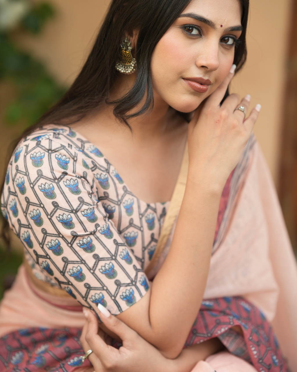 Peach Floral Block Printed Linen Saree