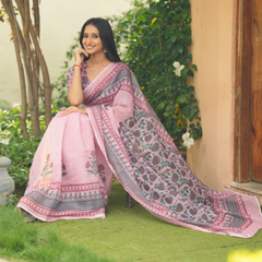 Pastel Pink Botanical Printed Linen Saree
