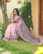 Pastel Pink Botanical Printed Linen Saree