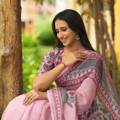 Pastel Pink Botanical Printed Linen Saree