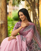 Pastel Pink Botanical Printed Linen Saree