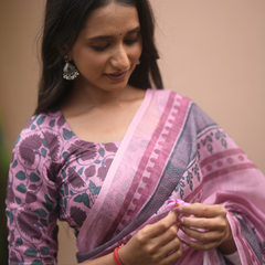 Pastel Pink Botanical Printed Linen Saree