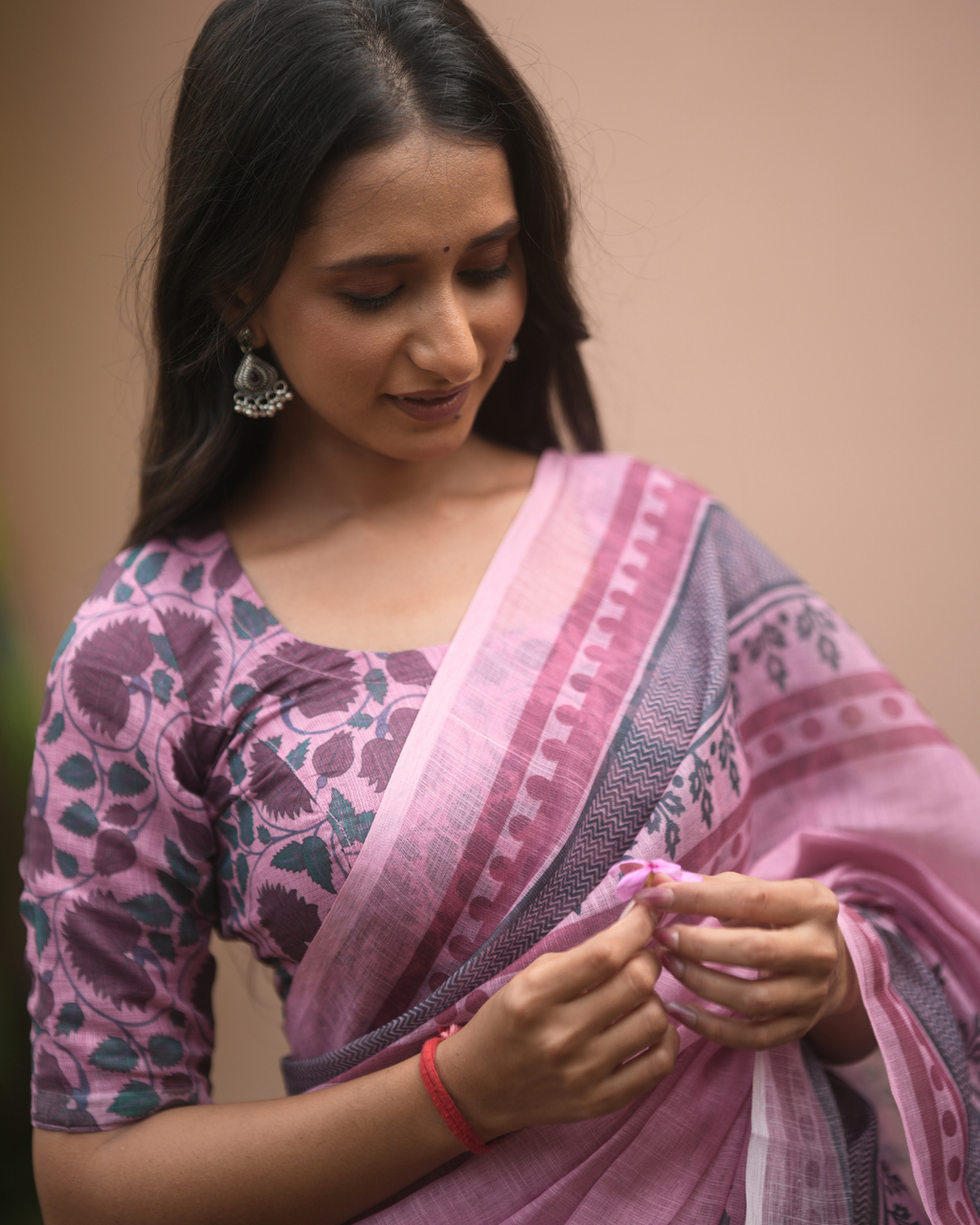 Pastel Pink Botanical Printed Linen Saree
