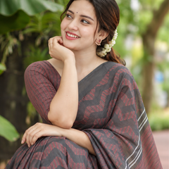 Charcoal Black & Maroon Herringbone Zigzag Linen Saree