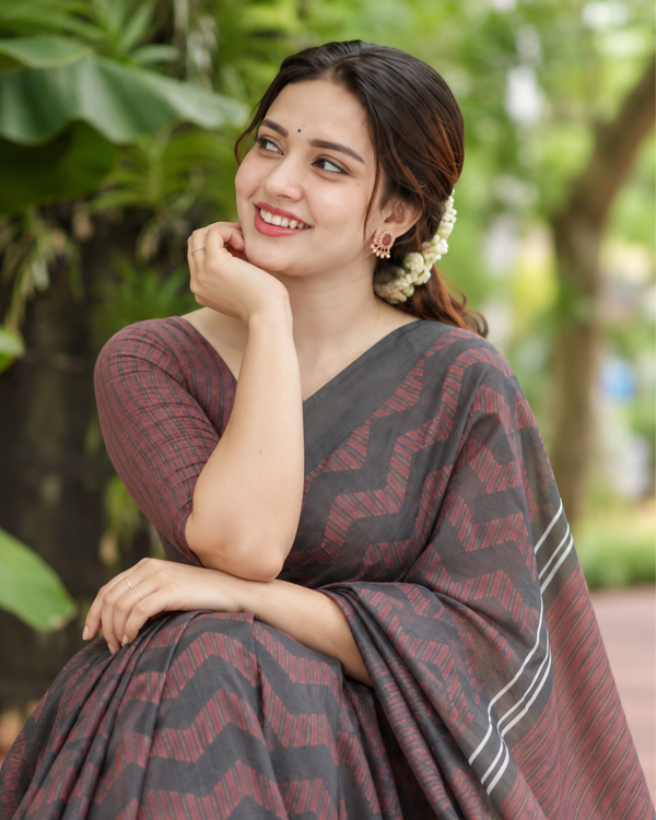 Charcoal Black & Maroon Herringbone Zigzag Linen Saree