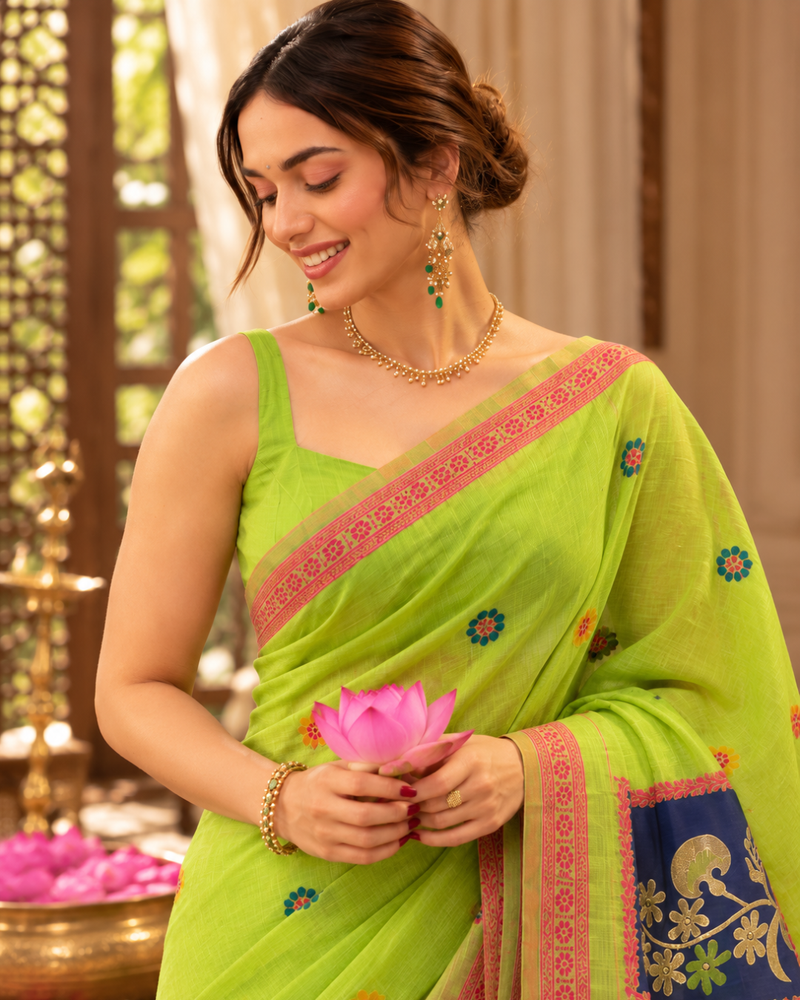 Parrot Green Color-Block Jamdani Cotton Saree
