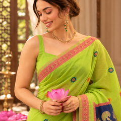 Parrot Green Color-Block Jamdani Cotton Saree