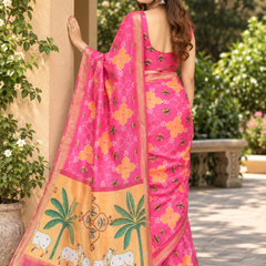 Rani Pink Pichwai Cow Gold Chanderi Saree