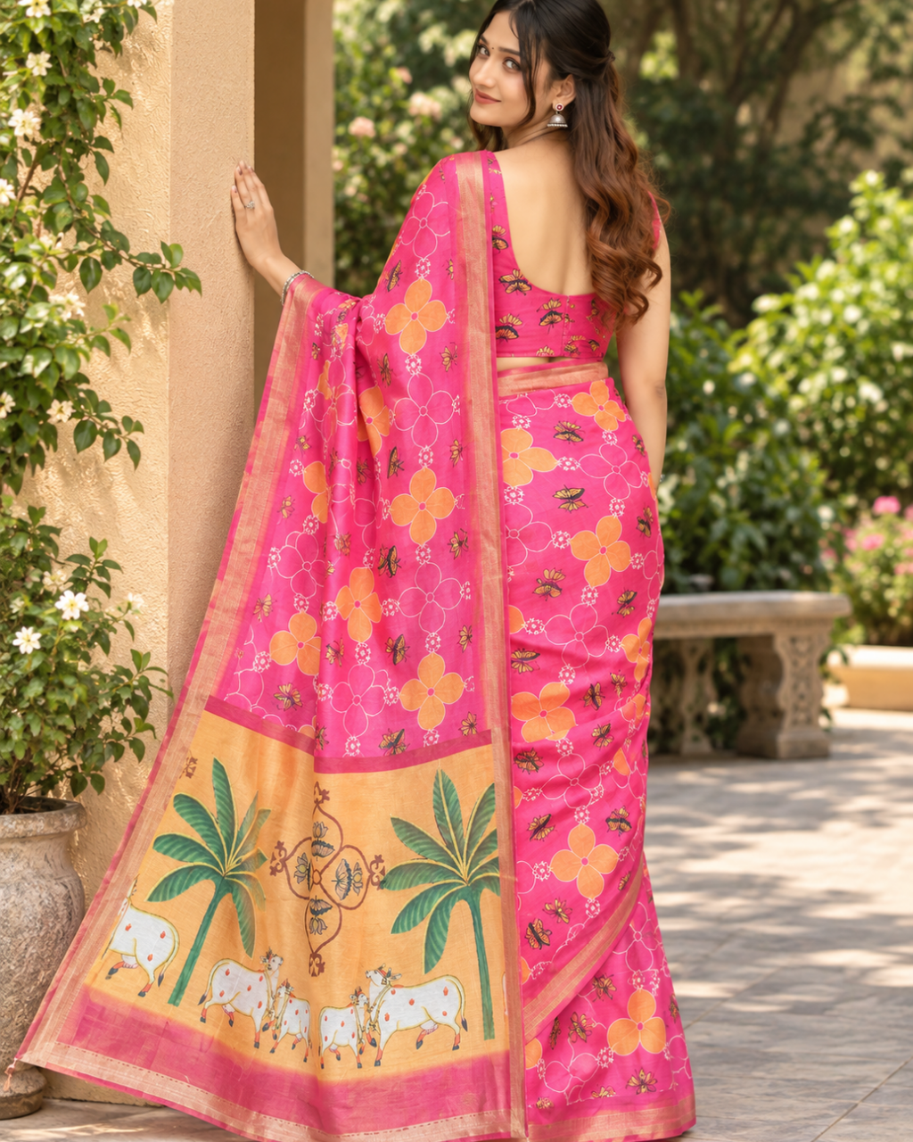 Rani Pink Pichwai Cow Gold Chanderi Saree